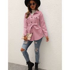 Pink Button Tie Waist Woolen Coat with Pockets Belted Coat, Woolen Coat, Pocket Belt, Pink Beige, Classic Shirt, Waist Tie, Coats For Women, Trench Coat, Cool Outfits