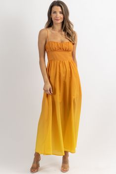 Ombre Midi-length Summer Dress, Gradient Color Summer Midi Dress, Fitted Ombre Maxi Dress For Summer, Spring Gradient Maxi Dress, Fitted Ombre Maxi Dress For Spring, Fitted Gradient Maxi Dress, Yellow Smocked Bodice Maxi Dress, Sleeveless Gradient Maxi Dress For Spring, Sleeveless Gradient Maxi Dress For Summer