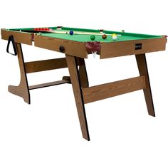 a pool table that is made out of wood and has balls on the bottom half