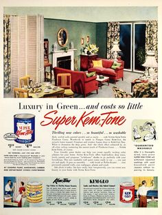 an advertisement for super ketchup from the 1950's, featuring furniture and decor