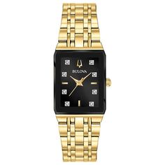 From the Bulova Modern collection, this ladies' watch features a rectangle black dial, gold-toned hands and diamond accent markers in a 20.5 x 31.5mm gold-toned stainless steel case. The reliable Japanese quartz movement ensures accurate time keeping. The gold-toned stainless steel bracelet secures with a deployment clasp. Water-resistant to 30 meters, this watch comes with a three-year limited manufacturer warranty. We are an authorized Bulova dealer. Yellow Gold Rectangular Evening Watches, Rectangular Yellow Gold Evening Watch, Evening Yellow Gold Rectangular Watches, Yellow Gold Rectangular Diamond Watch For Evening, Timeless Rectangular Diamond Watch For Evening, Elegant Yellow Gold Rectangular Watch, Classic Gold Rectangular Diamond Watch, Formal Yellow Gold Diamond Watch With Rectangular Shape, Timeless Rectangular Jewelry And Watches For Evening