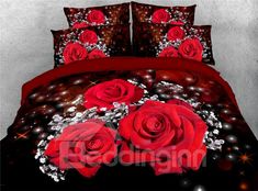 a bed with red roses on it and some sparkles in the sky behind it