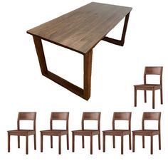 a set of six chairs and a table with one chair in the middle, all made out of wood