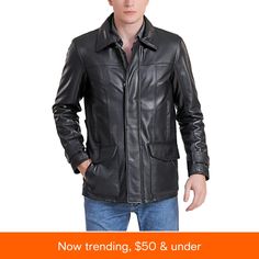 in stock Classic Black Leather Jacket With Leather Lining, Winter Leather Outerwear For Business Casual, Classic Black Outerwear With Leather Lining, Classic Black Leather Jacket With Pockets, Classic Black Leather Jacket For Formal Occasions, Winter Leather Outerwear For Semi-formal Occasions, Modern Leather Outerwear For Semi-formal Occasions, Leather Outerwear For Semi-formal Winter Occasions, Luxury Black Leather Jacket For Semi-formal Occasions