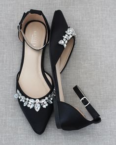 Embellished pointy toe flats with sparkly row of TEARDROP rhinestones across toe with detachable ankle strap. Comfort with simplicity perfect for brides and bridesmaids. *** YOU CAN CHOOSE STYLE: ANKLE STRAP OR ANKLE TIE AT CHECKOUT *** DETAILS: FIT: SHOES RUN LARGE, PLEASE ORDER HALF SIZE DOWN COLORS AVAILABLE: Black, Blush, Burgundy, Champagne, Light Blue, Navy, Red, Royal Blue, Ivory, and White UPPER: Synthetic upper and lining MATERIALS: Mandmade outsole ORIGIN: Imported Not sure of which si Wedding Flats With Rhinestones And Flat Heel, Wedding Flats With Rhinestones, Flat Heel Wedding Shoes With Rhinestones For Prom, Flat Wedding Shoes With Rhinestones, Black Wedding Shoes Flats, Formal Pointed Toe Flats With Rhinestones, Formal Closed Toe Flats With Rhinestones, Embellished Flat Heel Wedding Shoes, Black Flat Heel Wedding Shoes