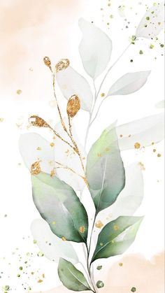 a watercolor painting with leaves and gold glitters on the bottom half of it