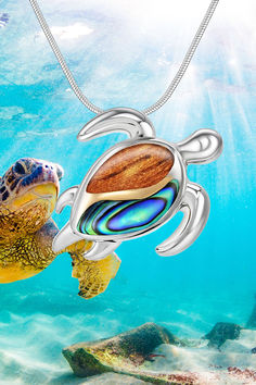 18K Yellow Gold and Sterling Silver Honu (Hawaiian Sea Turtle) Pendant with Abalone and Koa Wood Inlay. Nature Motifs, Wood Jewelry