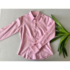 "Preppy button up collared shirt by Thomas Pink. pure cotton in a bubblegum pink with a subtle ticking patern. Slightly fitted with cuffs that require cufflinks.  Made in Thailand  Marked size 6 fits like a Small  Chest 38\" Hips 36\" Sleeve 26.5 cuffs measured flat  Shoulders 14.5\" Length 23\" Nice condition; no signs of wear" Pink Button-up Dress Shirt, Pink Long Sleeve Dress Shirt With Button Closure, Elegant Long Sleeve Pink Shirt, Elegant Pink Long Sleeve Shirt, Pink Long Sleeve Shirt With Buttons, Pink Slim Fit Dress Shirt For Semi-formal Occasions, Casual Pink Dress Shirt For Spring, Fitted Dress Shirt For Office Wear In Spring, Pink Slim Fit Business Shirt