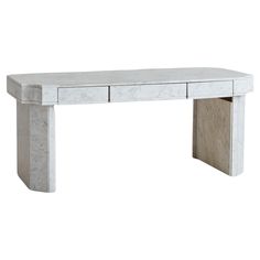 a white marble desk with two drawers