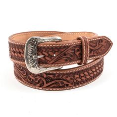 Beddo Mountain Leather Works has crafted this hand tooled leather belt with a Floral and Basket tooled pattern throughout named for the Glacier National Forest in northern Montana. The belt has a natural antique finish and is the two pattern combination leather belt included in the Montana Collection. BU1003 1 1/2" Width Hand Tooled Hand Sewn Natural Antique Finish Buckle Included Stainless Chicago Screws Imported Tooled Leather Belts Mens, Mens Leather Belts, Cowhide Clutch, Saddle Shop, Custom Leather Belts, Cowgirl Belts, Tooled Leather Belts, Chicago Screws, Leather Making