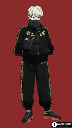 an anime character with white hair wearing black and green clothing, standing in front of a red background