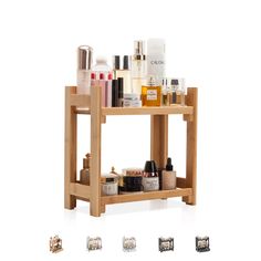 a wooden shelf filled with lots of beauty products