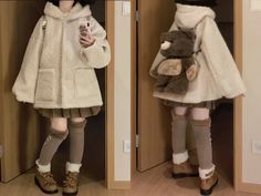 Elegant Ethereal Outfit, Pink Uggs With Bows, Cute Pastel Outfits, Cute Winter Fits, Kawaii Outfit Ideas, Winter Coat Outfits, Winter Outfits For School, Bear Outfits, Beige Coat