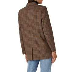 Brown houndstooth printed polyester (49% Polyester, 49% Viscose, 2% Elastane). Blazer jacket. Long sleeves. Front button placket. Front pockets. 30.5" from shoulder to hemline. Imported. Tailored Plaid Outerwear With Patch Pockets, Plaid Outerwear With Patch Pockets For Business Casual, Tweed Notch Lapel Outerwear For Office, Tweed Outerwear With Notch Lapel For Office, Office Tweed Outerwear With Notch Lapel, Fall Plaid Blazer With Patch Pockets, Plaid Tweed Jacket With Concealed Placket, Plaid Tweed Jacket With Long Sleeves, Business Casual Houndstooth Tweed Jacket With Lapel Collar