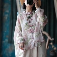 Loose Linen Blouse with Floral Print and Long Sleeves Casual Look For Women, Linen Pattern, Short Blouses, Cardigan Style, Group Boards, Linen Short, Authentic Jewelry, Linen Blouse, Etsy Products