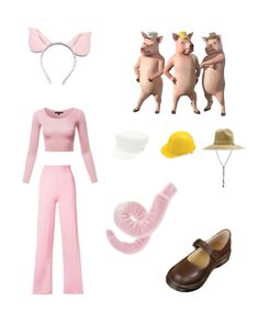 the three pigs are dressed up in pink and brown outfits with hats, shoes, and other accessories