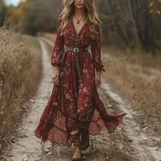 Long Dresses Casual Outfit, Country Wedding Outfit, Dress Wine, Long Sleeve Design, Casual Home, Elegant Casual, Maxi Styles, Linen Women, Style Elegant