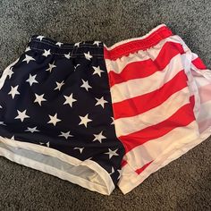 Never Worn American Flag Shorts Beach Shorts With Flag Print, Short Shorts For 4th Of July Beach Events, Shorts For 4th Of July Beach Events, White Bottoms For 4th Of July Beach Outing, White Beach Bottoms For 4th Of July, 4th Of July Beach Shorts, Red Flag Print Shorts For Beach, Red Flag Print Beach Shorts, White Patriotic Bottoms For Summer