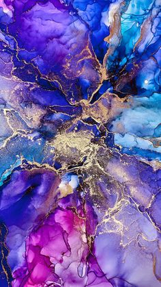 an abstract painting with blue, purple and gold colors on it's surface is shown