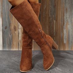 Category:Boots; Upper Materials:Synthetics; Season:Winter,Fall; Heel Type:Chunky Heel; Gender:Women's; Toe Shape:Round Toe; Type:Knee High Boots; Style:Minimalism,Casual; Heel Height(inch):>5; Outsole Materials:Rubber; Occasion:Daily; Closure Type:Zipper; Pattern:Solid Colored; Listing Date:11/09/2022; Production mode:Self-produce; 2023 Trends:Plus Size,Suede Shoes; Foot Length:; Foot Width:; Size chart date source:Provided by Supplier.; US Size:null; UK Size:14.5; EU Size:50