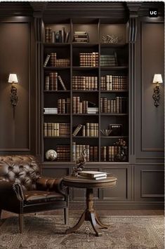 a chair sitting in front of a book shelf filled with books