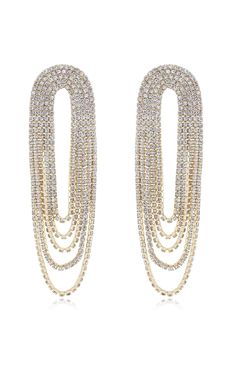 Get ready for a sparkling date night with the Crystal Drape Fringe Earrings. 18K gold plated for a touch of glamour, these earrings will catch everyone's eye (and maybe even reflect a kiss or two). Perfect for a special occasion or everyday wear, these will become your new favorite! 18k gold-plated metal with clear crystals Post-back closure Measures approx 1" W x 3.75" dangling Glamorous Gold Plated Crystal Earrings For Party, Glamorous Crystal Earrings With Plating, Glamorous Gold Hoop Earrings For Evening, Glamorous Gold Pierced Earrings, Gold Drop Earrings For Evening Bridal Wear, Glamorous Gold Single Earring, Glamorous Gold Earrings For Anniversary, Glamorous Gold Evening Earrings, Glamorous Gold-plated Bridal Earrings