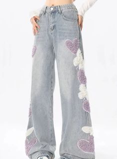 Embroidered Loose Casual Wide-leg Jeans Embroidered Wide Leg Flare Jeans For Spring, Spring Embroidered Wide Leg Flare Jeans, Embroidered Wide Leg Denim Blue Pants, Embroidered Wide Leg Flare Jeans In Denim Blue, Embroidered Wide Leg Denim Bottoms, Embroidered Denim Wide-leg Bottoms, Embroidered Wide-leg Denim Bottoms, Trendy Embroidered Straight Leg Pants, Baggy Embroidered Denim Jeans