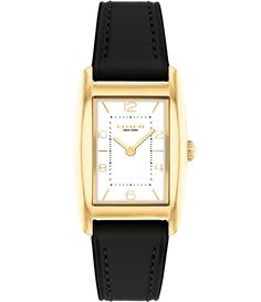 From COACH&#x2C; this women's watch features: Gold-tone stainless steel caseBlack calf skin leather strap White dialBuckle closureMineral crystalQuartz analog movementCase diameter approx. 24mm x 35mmWater-resistance: 3 ATMImported. Black Strap Watch Women, Black Rectangular Dial Watch For Work, Classic Coach Watch For Formal Occasions, Classic Coach Watches For Formal Occasions, Elegant Coach Watch With Polished Finish, Luxury Coach Watches With Polished Finish, Classic Gold Coach Watch, Coach Analog Watch For Formal Occasions, Coach Analog Watches For Formal Occasions