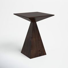 a small wooden table with a square top and triangular legs, on a white background