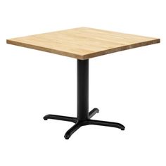 a square wooden table with black metal base and an oak top, viewed from the front