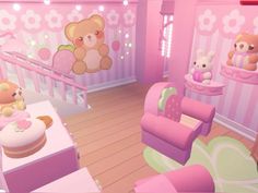 a pink room with teddy bears in it