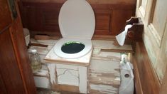 a white toilet sitting inside of a bathroom next to a wooden door and window sill