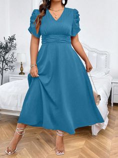 Plus Size Summer Casual Solid Color Puff Sleeve Dress Teal Blue   Short Sleeve Woven Fabric Plain A Line Non-Stretch  Women Plus Clothing, size features are:Bust: ,Length: ,Sleeve Length: Plus Size Summer Casual, Puff Sleeve Dress, Plus Size Summer, Puffed Sleeves Dress, Women Plus Size, Teal Blue, Colorful Leggings, Summer Casual, Plus Clothing