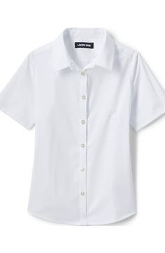 This shirt doesn'tjust keep her looking neat and well-dressed through the day, it also keeps her completely covered and confident thanks to innovative No Gape hidden-button feature that prevents gaping at the bust. The stretch fabric provides comfort that moves with her, and an easy-care finish keeps this shirt crisp after every wash. An ideal dress shirt for school days and special occasions. No Gape® hidden-button feature seamlessly designed in to prevent gaping at the bust, offering compl Classic Short Sleeve Shirt With Button Closure, Classic Fitted Tops For School, White Fitted Short Sleeve Shirt With Buttons, Fitted White Short Sleeve Shirt With Buttons, Classic School Tops, Classic Short Sleeve School Tops, Classic Collared Tops For School, Fitted Collared School Uniform Tops, Classic Short Sleeve Tops For School