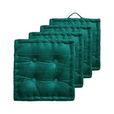 set of three green square cushions on white background