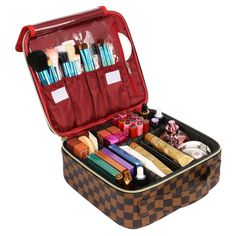 Arrives by Thu, Jan 19 Buy Makeup Bag for Women Checkered Travel Case Leather Cosmetic Organizer Tools Toiletry Jewelry at Walmart.com Penyimpanan Makeup, Makeup Case Organization, Makeup Travel Case, Zoella, Glam Bag, Professional Bag, Makeup Bag Organization, Makeup To Buy, Train Case