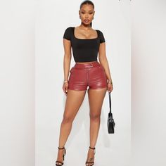 Faux Leather Short Snap Button & Zip Closure Side Pocket Faux Welt Pocket Non Stretch Shell 50% Pu 50% Polyester Lining 100% Polyester Fashion Nova Shorts, Faux Leather Shorts, Leather Short, Leather Shorts, Brick Red, Side Pocket, Snap Button, Welt Pocket, Fashion Nova