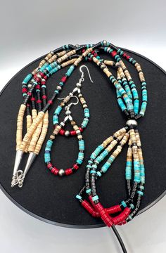 Southwestern Santo Domingo Style Handmade Sterling Silver Turquoise Multi Stone Heishi Bead Earrings Multi Strand Jacla Necklace Jewelry Set Orders totaling $100 and up will receive an anti-tarnish treated velvet jewelry pouch! I've made this set with Sterling Silver Navajo pearls and clasp and all natural stones. Turquoise, Coral, Onyx, Picture Jasper and melon shell.  I can custom make any heishi or beaded pieces with a combination of whichever stones you'd like. Necklace, bracelet or earrings Heishi Bead Earrings, Heishi Earrings, Heishi Necklace, Navajo Pearls, Velvet Jewelry, New Metal, Vintage Santa, Heishi Beads, Picture Jasper