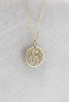 14K Real Solid Gold Necklace, Hallmarked on the back of your pendant for certification! ▪️ A beautiful and clean engraved Yin Yang Dragon Phoenix  pendant made out of 14K Solid Real Gold. Available only in yellow gold! Pendant Thickness: 0.50mm Jump Ring inner diameter: 4mm Dimensions: - 13mm / 0.52 inches - 15mm / 0.59 inches - 18mm / 0.70 inches - 20mm / 0.78 inches - 22mm / 0.86 inches - 24mm / 0.94 inches Necklace Length - You can choose your chain length from 35CM to 50CM. The pendant is av Symbolic Round Pendant Necklace With Engraving Option, Symbolic Necklace With Round Pendant And Engraving Option, Ancient Chinese Jewelry, Yin Yang Dragon, Yin Yang Charm, Phoenix Jewelry, Phoenix Necklace, Phoenix Pendant, Dragon Phoenix