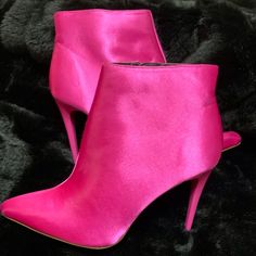 Boots By New Look / Satin Upper / Side Zip Fastening / Pointed Toe / High Heels / 100% Textile Upper. Heel Height: 9.5cm / 4” Pink Ankle-high Heels For Fall, Pink Pointed Toe Booties For Fall, Trendy Closed Toe Boots With 4-inch Heel, Pink Round Toe Booties For Fall, Pink Round Toe Heels For Fall, Fall Pink Round Toe Heels, Casual Pink Booties For Fall, Casual Pink Fall Booties, High-top Boots With 4-inch Heel