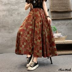 Olivia Mark - Vintage Floral Linen Blend High Waist Midi Skirt with Printed Flared Hem High Waist Midi Skirt, Body Skirt, Floral Handbags, Flowy Design, Skirts Midi High Waisted, Printed Midi Skirt, Slip Skirt, Denim Midi Skirt, Dress With Cardigan