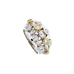 This is an 18KT elegant Bezel Set White & Yellow Gold Diamond Ring . The total diamond weight is 0.86 carats, with SI quality and H color. 13mm wide on Top, and the ring is a size 6.50 Diamond White Diamond Ring With Wide Band And Accents, Diamond White Wide Band Ring With Prong Setting, Diamond White Wide Band Ring With Vvs Clarity, White Diamond Ring With Wide Band For Formal Events, White Diamond Ring With Wide Band For Formal Occasions, Formal White Diamond Ring With Wide Band, White Wide Band Rings With Single Cut Diamonds, Luxury White Diamond Ring With Wide Band, Brilliant Cut Wide Band Diamond Ring In White Gold