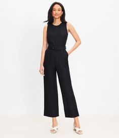 Petite Linen Blend Belted Sleeveless Jumpsuit Jumpsuits For Women Classy Casual, Mom Graduation Outfit, Formal Jumpsuits For Women Classy, Summer Professional Outfit, Pantsuit Wedding, 2 Piece Jumpsuit, Black Pantsuit, Work Jumpsuit, Tuxedo Jumpsuit