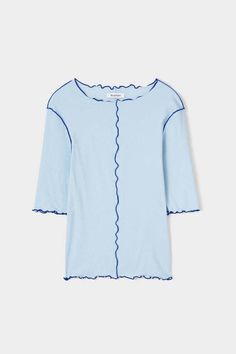 Rodebjer Samantha Rib Jersey Top - Fog Blue Light Blue Knit Long Sleeve Tops, Blue Technical Long Sleeve Top, Blue Long Sleeve Fine Knit Top, Blue Long Sleeve Hand-knitted Tops, Light Blue Long Sleeve Soft Knit Top, Fog Blue, Blue Fits, Elbow Length Sleeve, Jersey Top