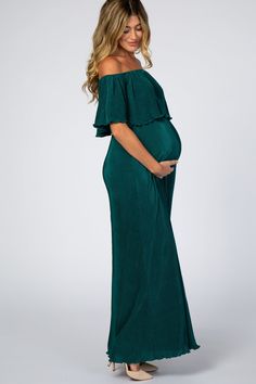 Forest Green Pleated Ruffle Off Shoulder Maternity Maxi Dress– PinkBlush Sequin Maternity Dress, Maternity Dress Wedding Guest, Blush Maternity Dress, Green Maternity Dresses, Cocktail Dress Maternity, Off Shoulder Neckline, Pink Blush Maternity Dress, Cute Maternity Dresses, Pleated Knit