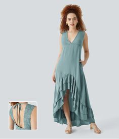 Discover Women’s V Neck Tie Back Backless Contrast Lace Side Pocket High Low Tiered Ruffle Hem Maxi Resort Linen-Feel Dress at Halara, Crowd-Approved Affordable Choices Made For What Moves You. Dresses For Women Classy, Perfect Cocktail Dress, Elegant Maxi Dress, Lace Side, Resort Dresses, Maxi Slip Dress, Style Maxi Dress, Maxi Dress With Sleeves, Side Pocket