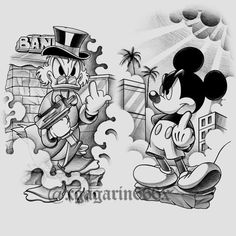 mickey and minnie mouse playing violin in front of a brick wall with palm trees on it