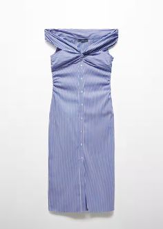 Striped dress bare shoulders - Women | Mango USA Chic Off-shoulder Cotton Midi Dress, Elegant Off-shoulder Cotton Midi Dress, Elegant Cold Shoulder Midi Dress For Summer, Summer Off-shoulder Midi Dress For Daywear, Off-shoulder Midi Dress For Summer Daywear, Cotton Off-shoulder Dress For Daywear, Off-shoulder Midi Dress For Daywear, Spring Off-shoulder Workwear Dresses, Elegant Off-shoulder Daywear Dress