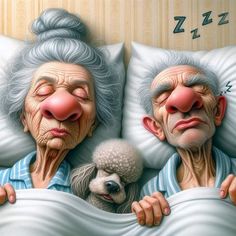 two older people laying in bed with their faces covered by pillows and one has a poodle