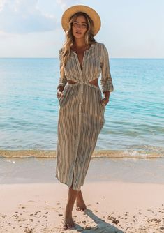 Women's White & Black Striped Midi Shirt Dress - LOVESTITCH Striped Long Sleeve Maxi Dress For Summer, Long Sleeve Striped Maxi Dress For Summer, Chic Vertical Stripes Midi Dress For Beach, Chic Midi Dress With Vertical Stripes For Beach, Chic Beach Midi Dress With Vertical Stripes, Striped Linen Dresses For Vacation, Summer Midi Length Shirt Dress For Beach, Summer Beach Midi Shirt Dress, Summer Midi-length Beach Shirt Dress